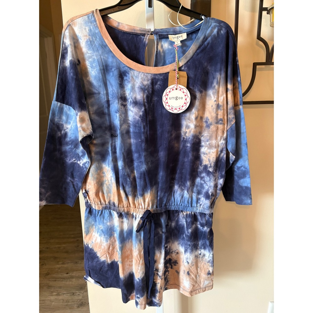Umgee Blue Peach Tie Dye Romper Womens Large 3/4 Sleeve Keyhole Back NWT